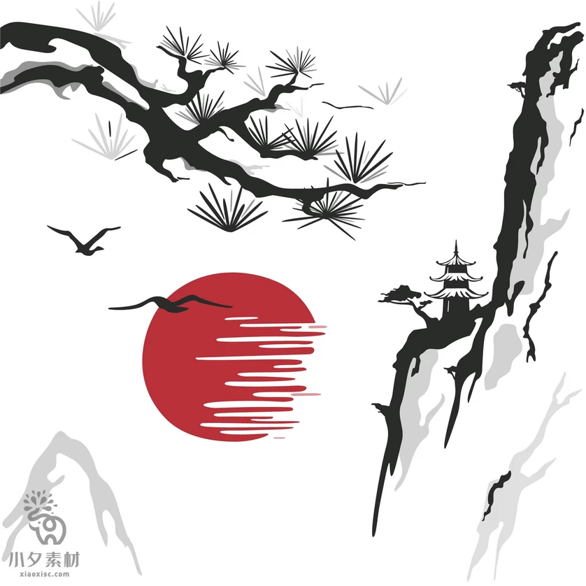 中国风中式禅意水彩水墨山水风景国画背景图案插画AI矢量设计素材【023】